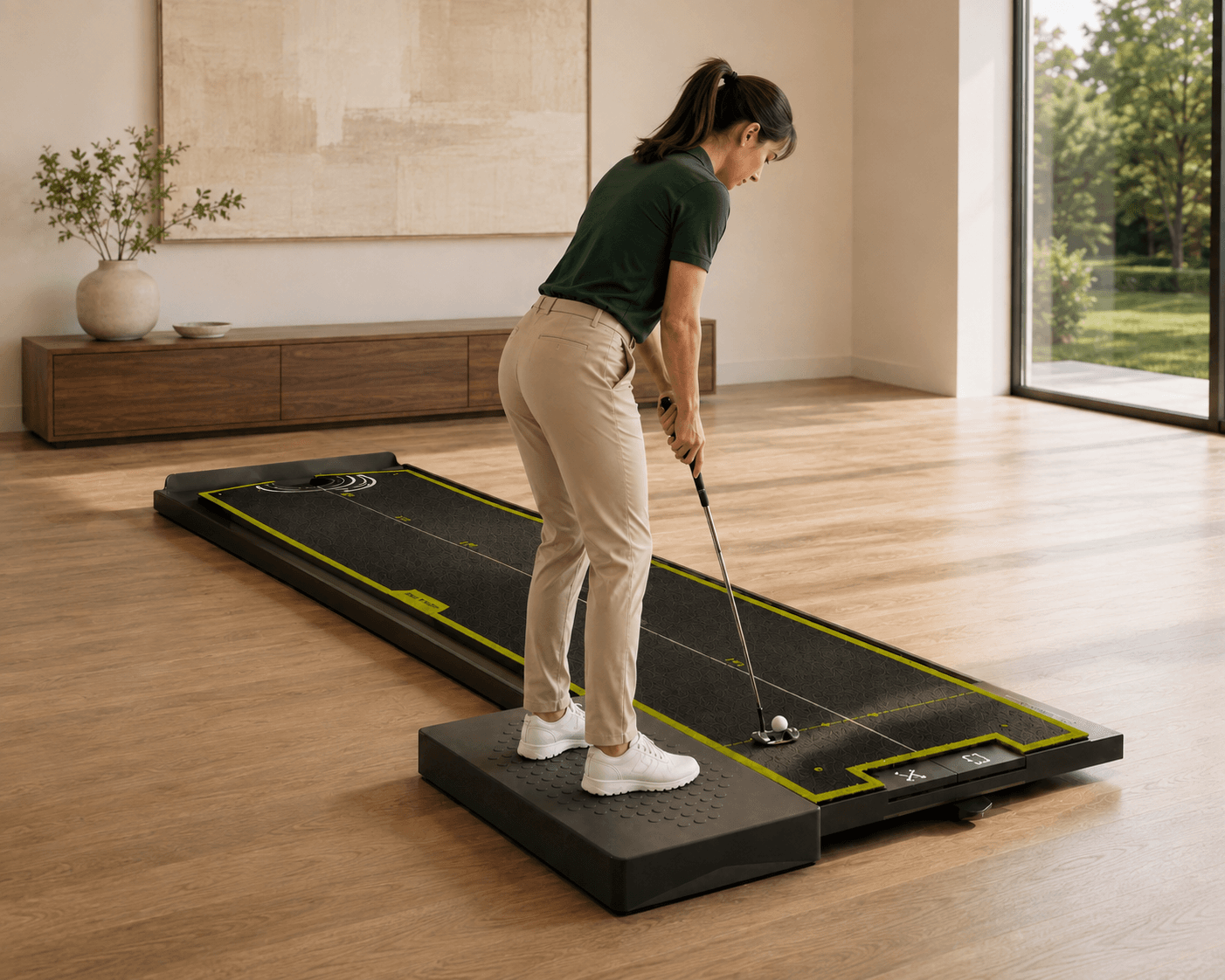 A golfer putting side-on from the separate stance platform beside NDoorPutt's starting area.