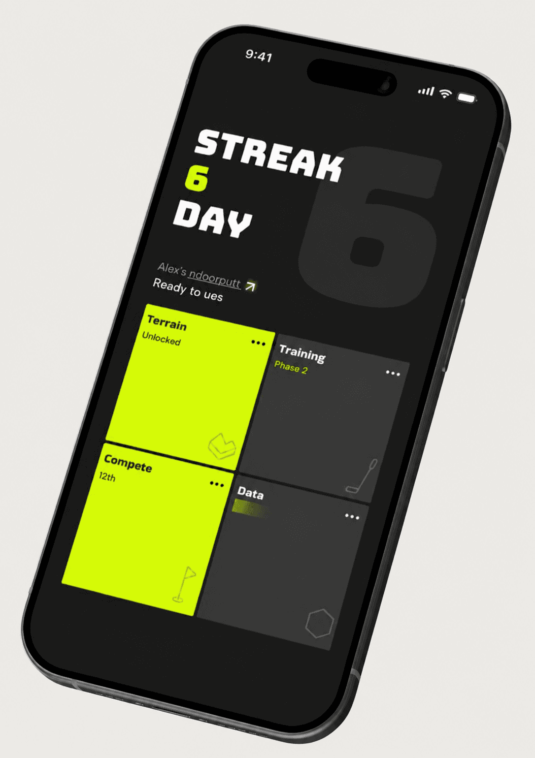 Phone showing the NDoorPutt dashboard with a six-day streak and Terrain, Training, Compete, and Data tiles.